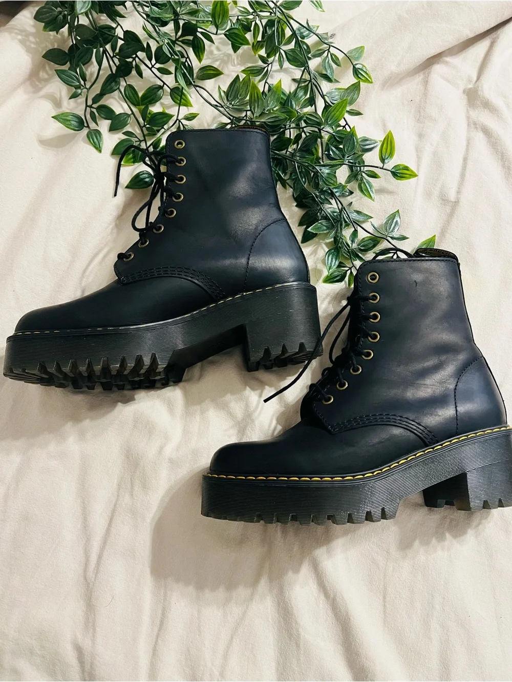 Dr. Martens Black Lug Platform Lace-Up Boots with Yellow Stitching - Picture 5 of 6